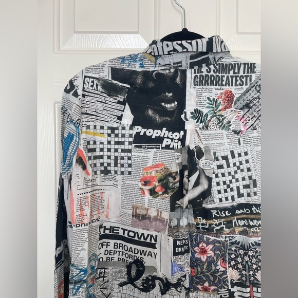 Desigual Newspaper Print Button Up Blouse – Long Sleeve Graphic Statement Top - Picture 11 of 14